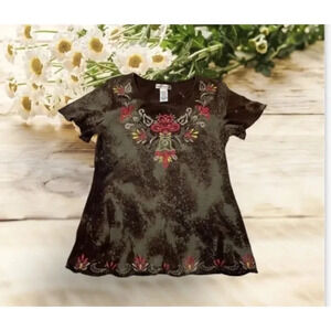 Women’s Small Acid‎ Washed T Shirt Embroidered Floral Fairycore Grunge Boho